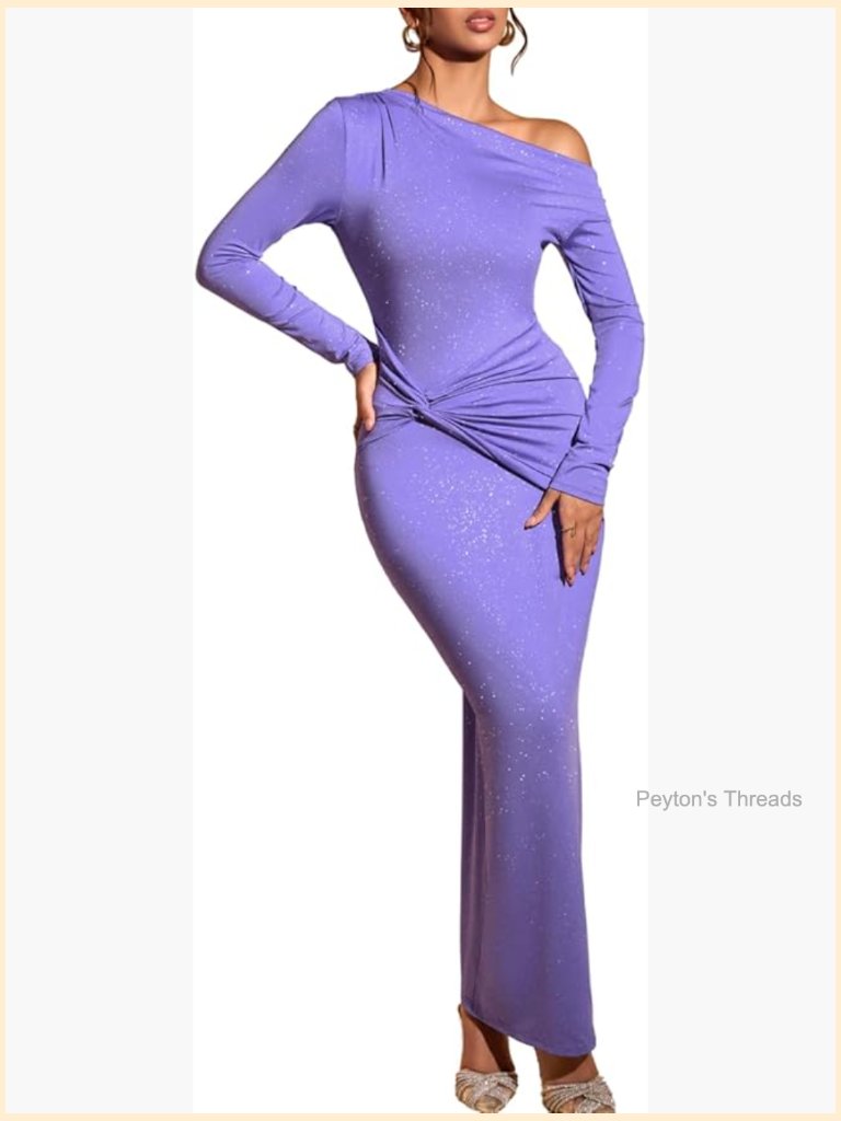 One Shoulder Bodycon Maxi Dress With Ruched Detail, Long Sleeve Evening Gown